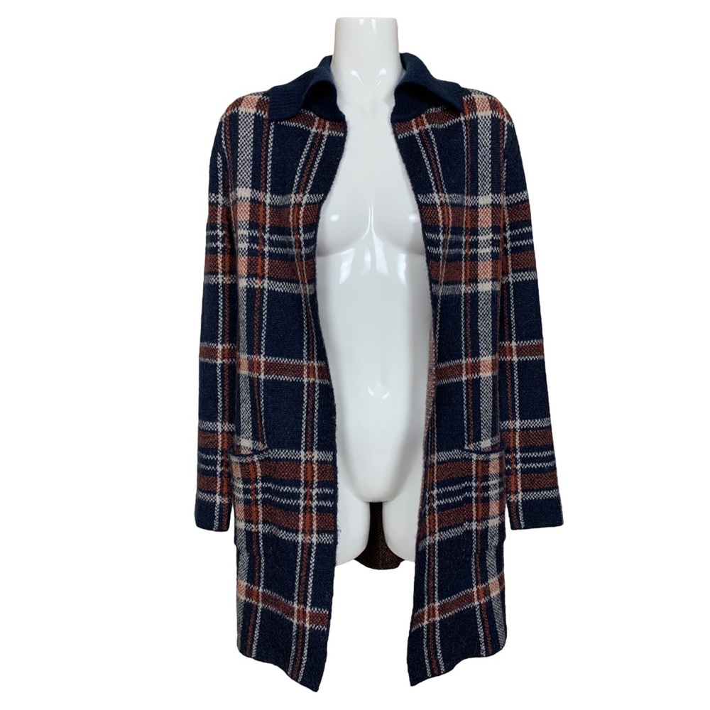 Tahari Plaid Navy Blue Wool Blend Open Front Cardigan Small
